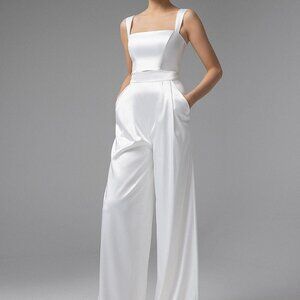 White Satin wedding pantsuit; corset top and palazzo pants